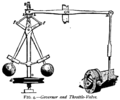 Drawing of a centrifugal "fly-ball" governor. The balls swing out as speed increases, which closes the valve, until a balance is achieved between demand and the proportional gain of the linkage and valve