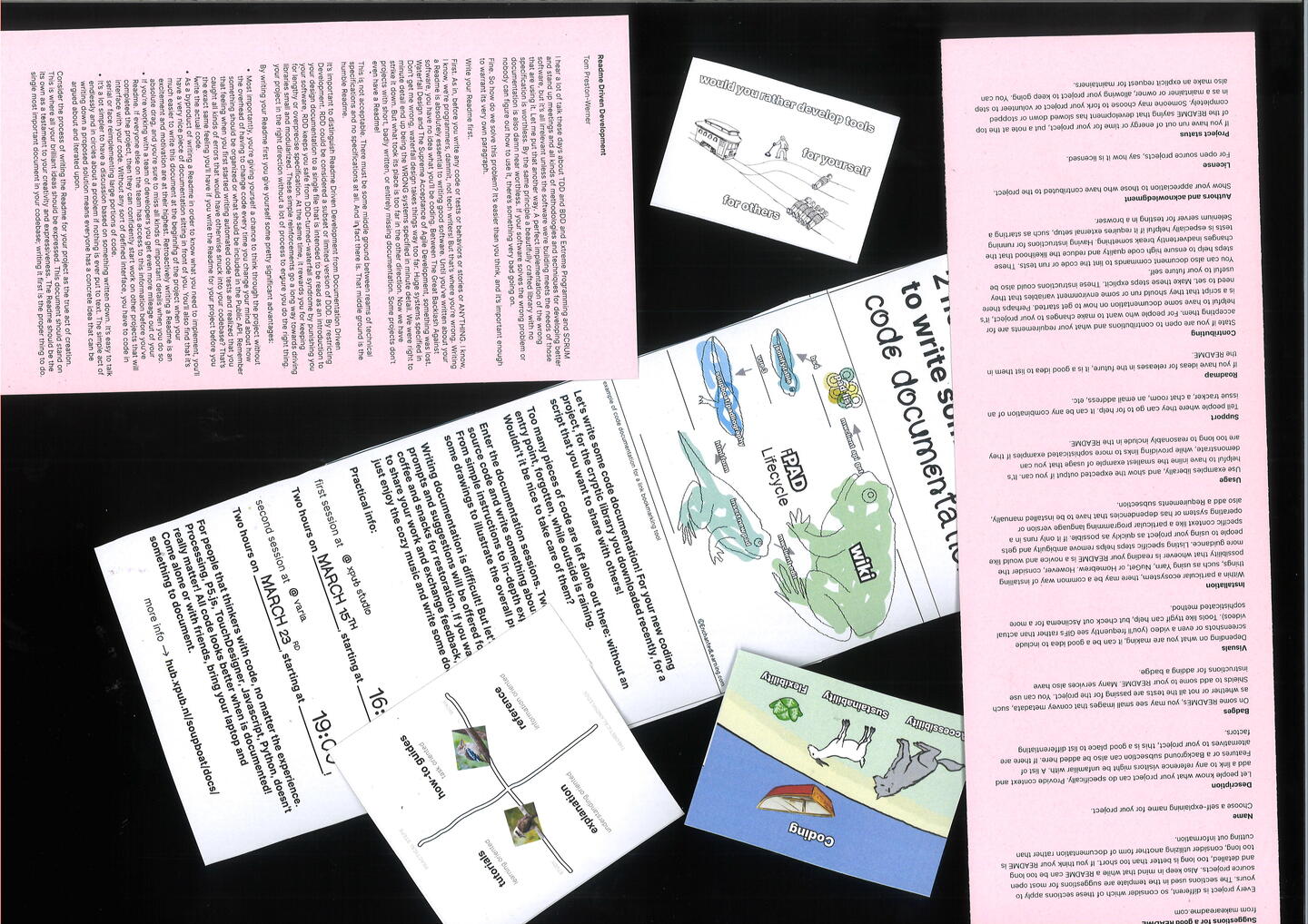 scanned materials for the documentation sessions. some sticker, flyers and text, printed on pink paper