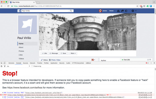 Browser inspector open in the Facebook page of Paul Virilio. The message printed is a big bold red Stop! This is a browser feature intended for developers.